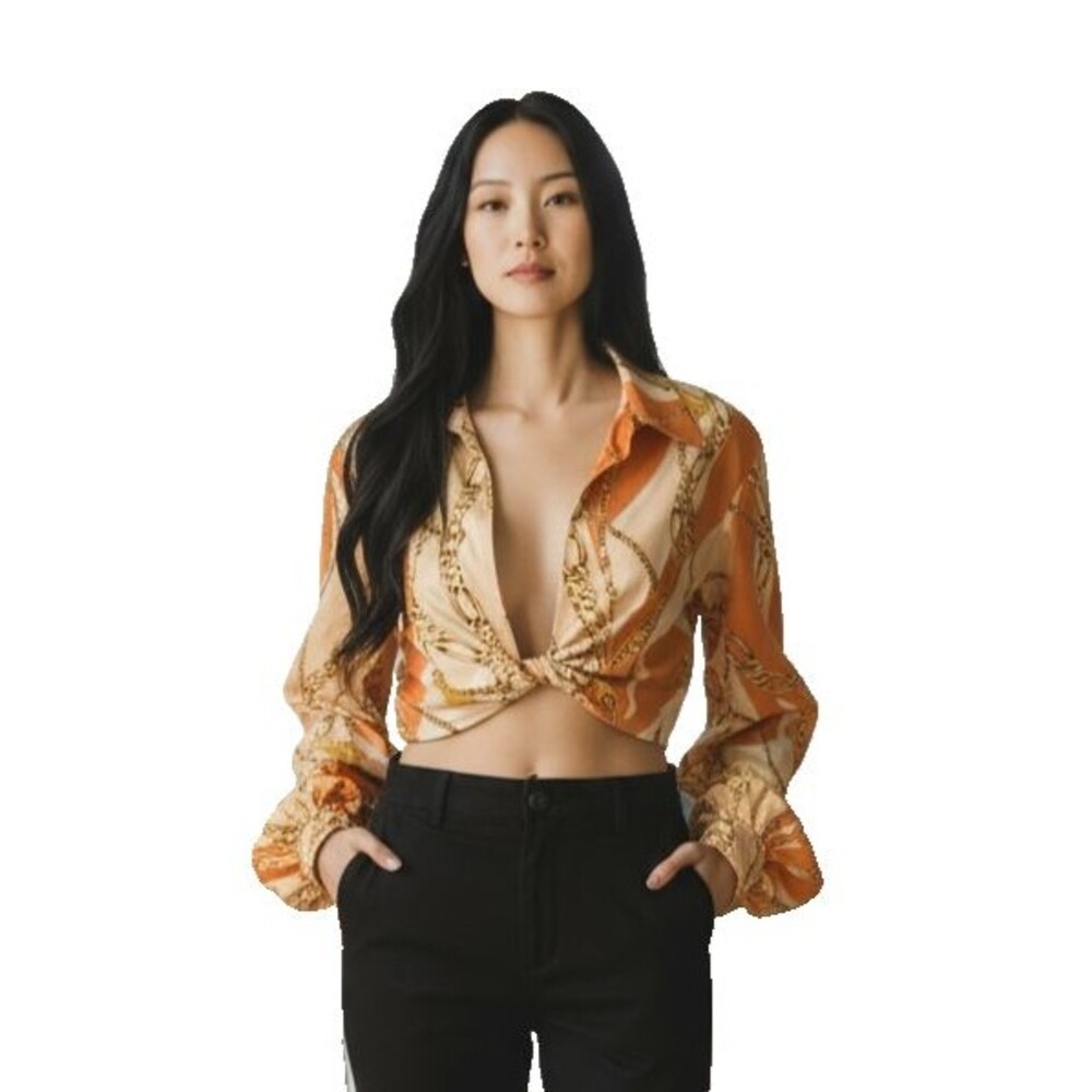 Asos Luxe Plunge Ruched Chain Print Long Sleeve Crop Twist Front Top Size 8